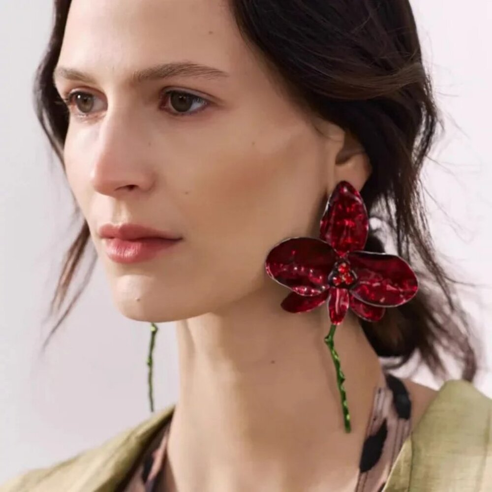 Women's Earrings Extra Large Drop Earrings Statement Flower Earrings Red - Picture 1 of 3